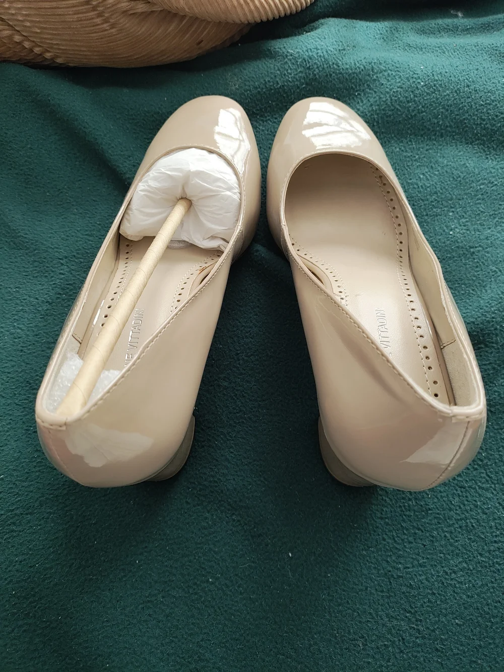 Adrienne Vittadini Patent Leather Round-Toe in Light Beige Block Pumps